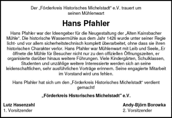 Traueranzeige von Hans Pfahler von Trauerportal Rhein Main Presse