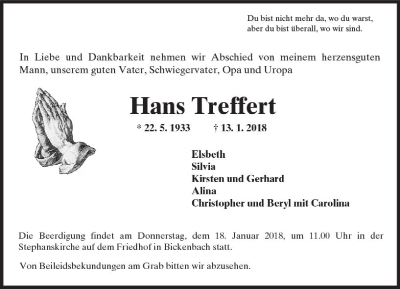  Traueranzeige für Hans Treffert vom 16.01.2018 aus Trauerportal Rhein Main Presse