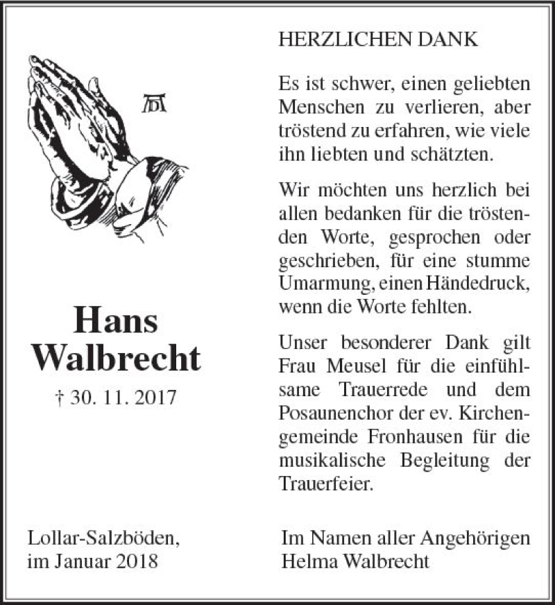  Traueranzeige für Hans Walbrecht vom 06.01.2018 aus  Gießener Anzeiger