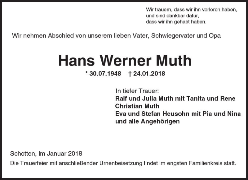  Traueranzeige für Hans-Werner Muth vom 27.01.2018 aus  Kreisanzeiger