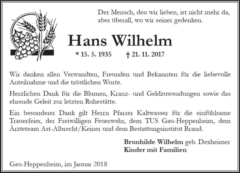  Traueranzeige für Hans Wilhelm vom 13.01.2018 aus Trauerportal Rhein Main Presse