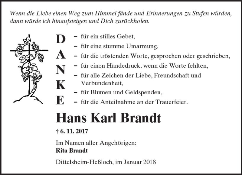  Traueranzeige für Hans-Karl Brandt vom 13.01.2018 aus Trauerportal Rhein Main Presse
