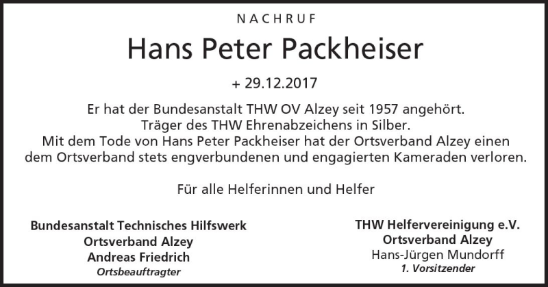  Traueranzeige für Hans Peter Packheiser vom 12.01.2018 aus Trauerportal Rhein Main Presse