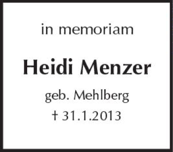 Traueranzeige von Heidi Menzer von Trauerportal Rhein Main Presse