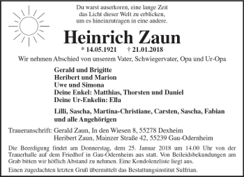 Traueranzeige von Heinrich Zaun von Trauerportal Rhein Main Presse