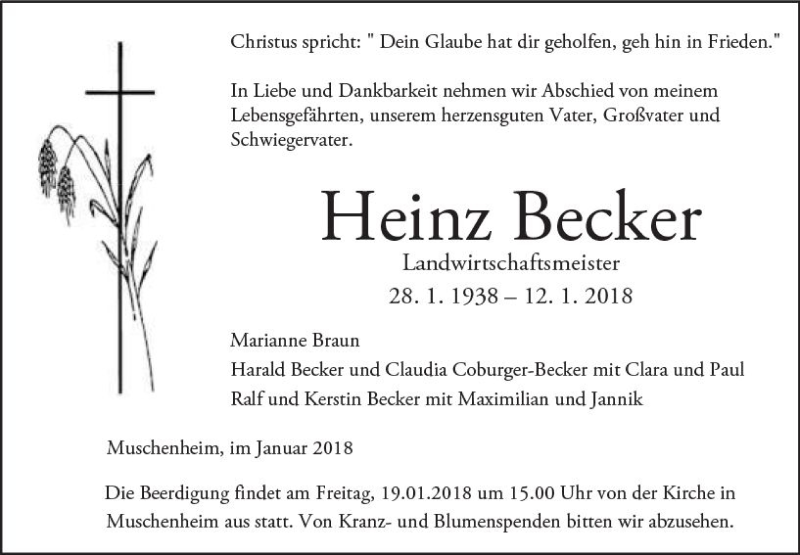  Traueranzeige für Heinz Becker vom 16.01.2018 aus  Gießener Anzeiger