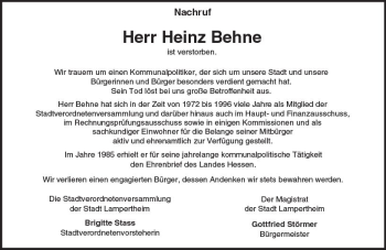 Traueranzeige von Heinz Behne von Trauerportal Rhein Main Presse