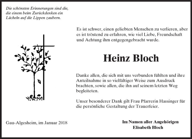  Traueranzeige für Heinz Bloch vom 20.01.2018 aus Trauerportal Rhein Main Presse