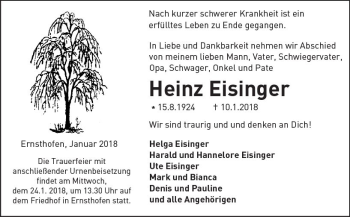 Traueranzeige von Heinz Eisinger von Trauerportal Rhein Main Presse