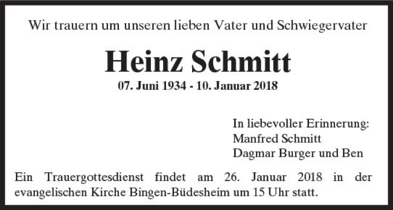  Traueranzeige für Heinz Schmitt vom 20.01.2018 aus Trauerportal Rhein Main Presse