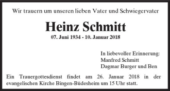 Traueranzeige von Heinz Schmitt von Trauerportal Rhein Main Presse