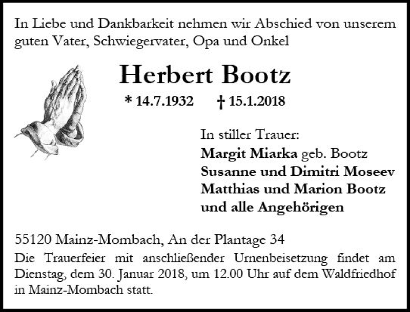  Traueranzeige für Herbert Bootz vom 24.01.2018 aus Trauerportal Rhein Main Presse