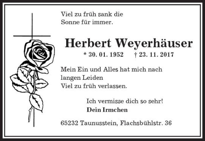  Traueranzeige für Herbert Weyerhäuser vom 27.01.2018 aus Trauerportal Rhein Main Presse