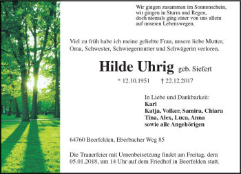 Traueranzeige von Hilde Uhrig von Trauerportal Rhein Main Presse
