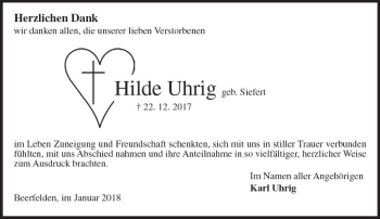 Traueranzeige von Hilde Uhrig von Trauerportal Rhein Main Presse
