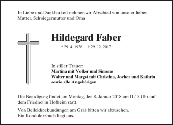 Traueranzeige von Hildegard Faber von Trauerportal Rhein Main Presse