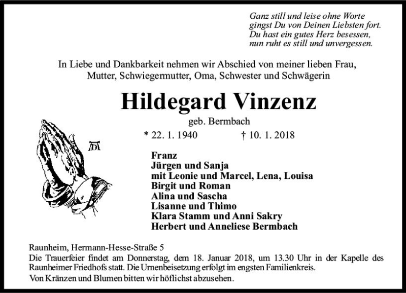  Traueranzeige für Hildegard Vinzenz vom 13.01.2018 aus Trauerportal Rhein Main Presse
