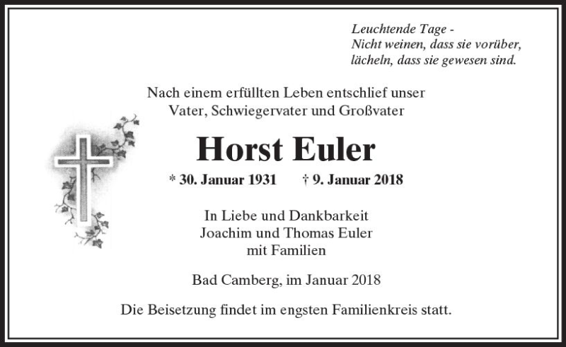  Traueranzeige für Horst Euler vom 18.01.2018 aus  Camberger Anzeiger
