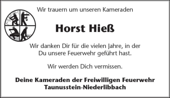 Traueranzeige von Horst Hieß von Trauerportal Rhein Main Presse