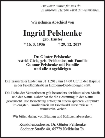Traueranzeige von Ingrid Pelshenke von Trauerportal Rhein Main Presse