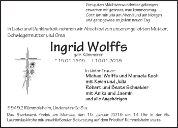 Traueranzeige von Ingrid Wolffs von Trauerportal Rhein Main Presse