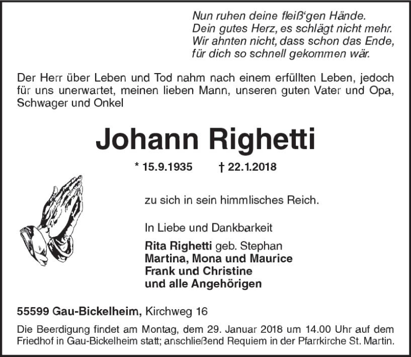  Traueranzeige für Johann Righetti vom 25.01.2018 aus Trauerportal Rhein Main Presse