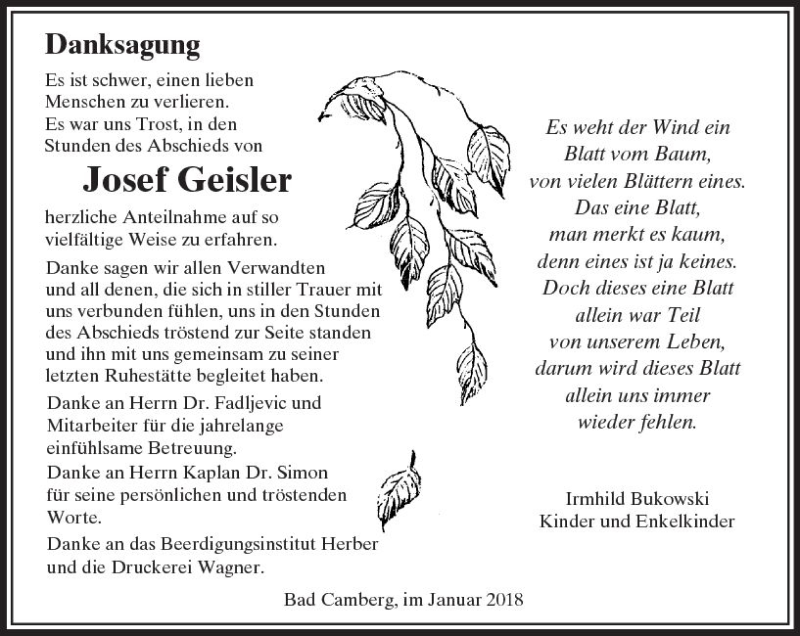  Traueranzeige für Josef Geisler vom 11.01.2018 aus  Camberger Anzeiger