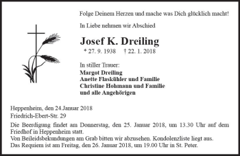 Traueranzeige von Josef K. Dreiling von Trauerportal Rhein Main Presse