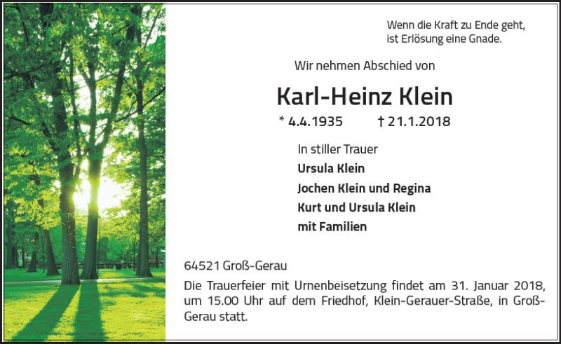 Traueranzeige für Karl-Heinz Klein vom 27.01.2018 aus Trauerportal Rhein Main Presse