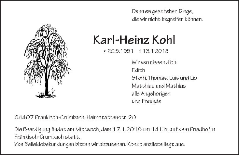  Traueranzeige für Karl-Heinz Kohl vom 16.01.2018 aus Trauerportal Rhein Main Presse