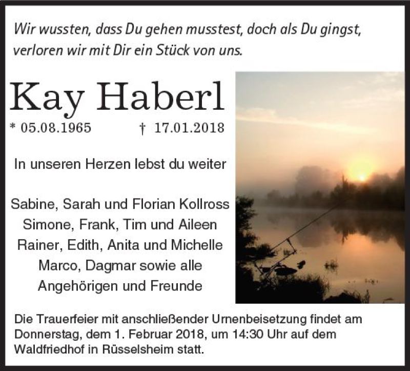  Traueranzeige für Kay Haberl vom 27.01.2018 aus Trauerportal Rhein Main Presse