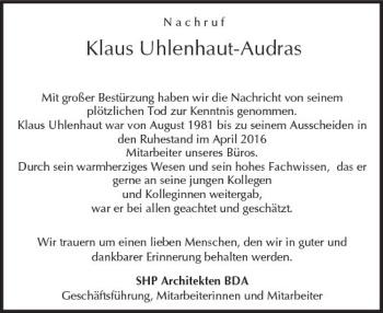 Traueranzeige von Klaus Uhlenhaut-Audras von Trauerportal Rhein Main Presse