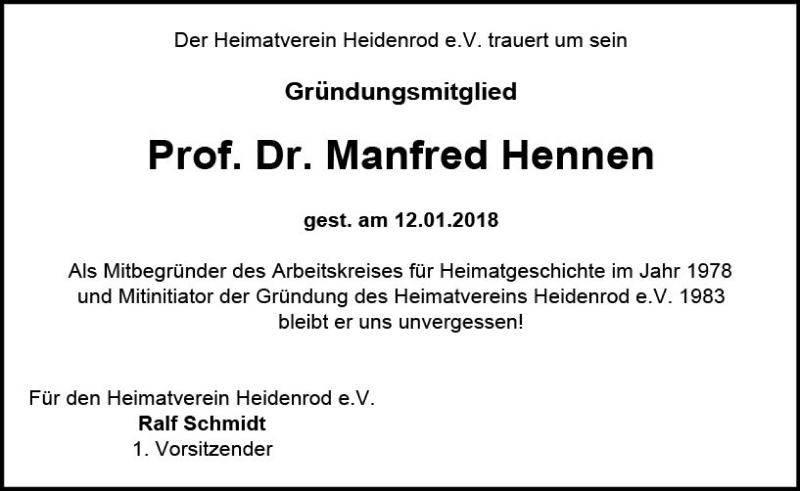  Traueranzeige für Manfred Hennen vom 26.01.2018 aus Trauerportal Rhein Main Presse