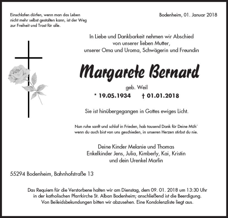  Traueranzeige für Margarete Bernard vom 05.01.2018 aus Trauerportal Rhein Main Presse