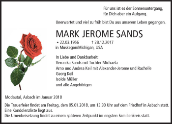 Traueranzeige von Mark Jerome Sands von Trauerportal Rhein Main Presse