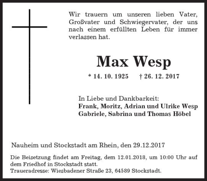  Traueranzeige für Max Wesp vom 03.01.2018 aus Trauerportal Rhein Main Presse