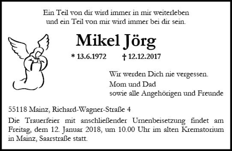  Traueranzeige für Mikel Jörg vom 06.01.2018 aus Trauerportal Rhein Main Presse