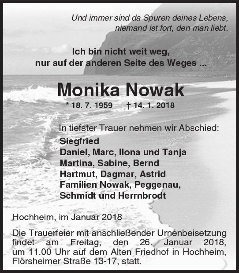  Traueranzeige für Monika Nowak vom 19.01.2018 aus Trauerportal Rhein Main Presse
