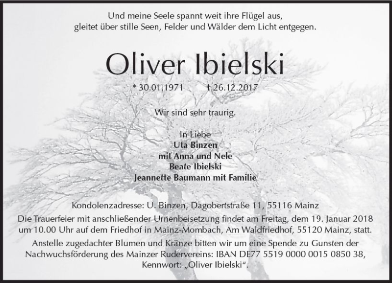  Traueranzeige für Oliver Ibielski vom 13.01.2018 aus Trauerportal Rhein Main Presse