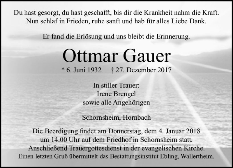  Traueranzeige für Ottmar Gauer vom 02.01.2018 aus Trauerportal Rhein Main Presse