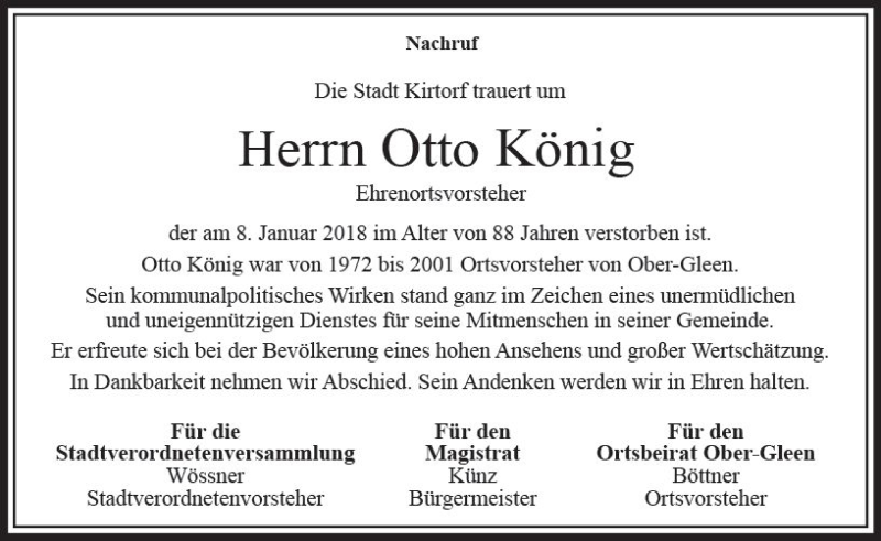  Traueranzeige für Otto König vom 17.01.2018 aus VRM Trauer