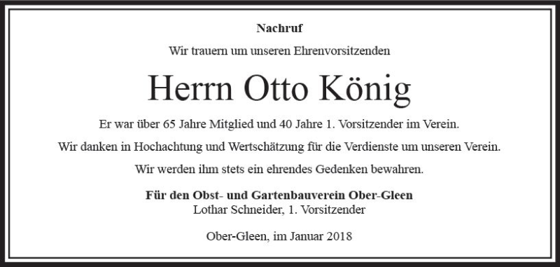  Traueranzeige für Otto König vom 18.01.2018 aus VRM Trauer