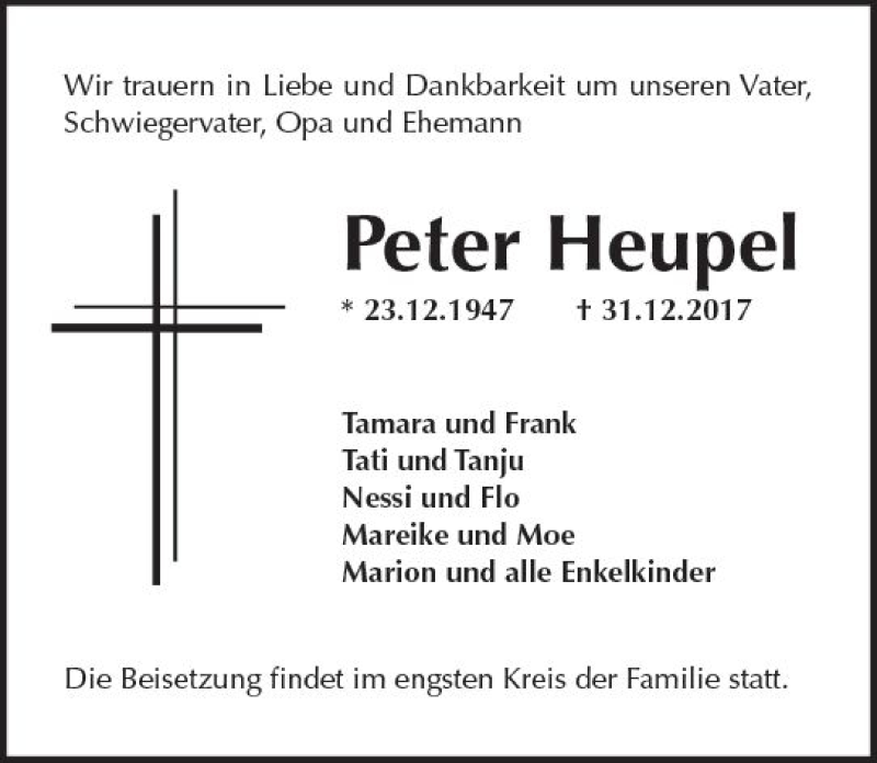  Traueranzeige für Peter Heupel vom 06.01.2018 aus Trauerportal Rhein Main Presse