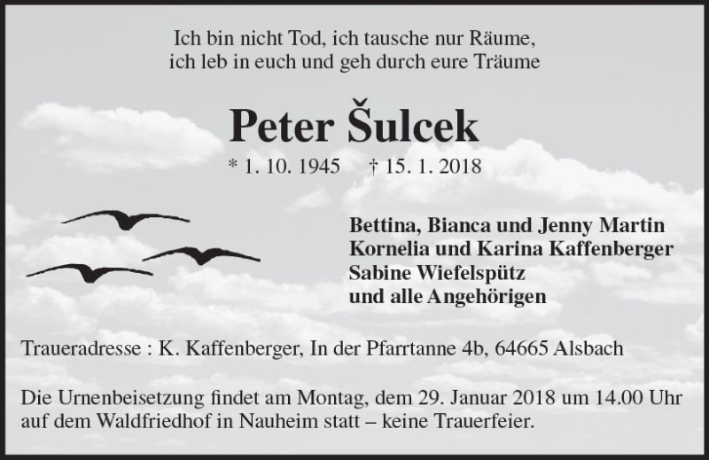  Traueranzeige für Peter Sulcek vom 20.01.2018 aus Trauerportal Rhein Main Presse
