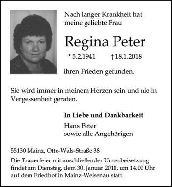 Traueranzeige von Regina Peter von Trauerportal Rhein Main Presse