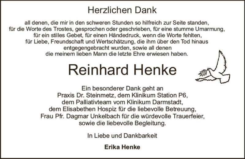 Traueranzeige für Reinhard Henke vom 13.01.2018 aus Trauerportal Rhein Main Presse