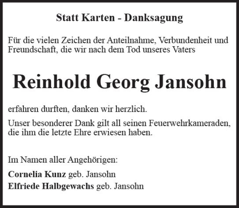  Traueranzeige für Reinhold Georg Jansohn vom 13.01.2018 aus Trauerportal Rhein Main Presse