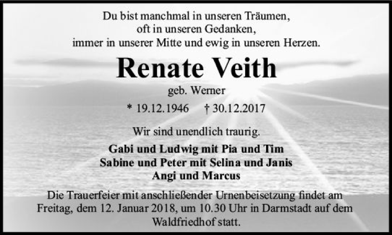  Traueranzeige für Renate Veith vom 06.01.2018 aus Trauerportal Rhein Main Presse