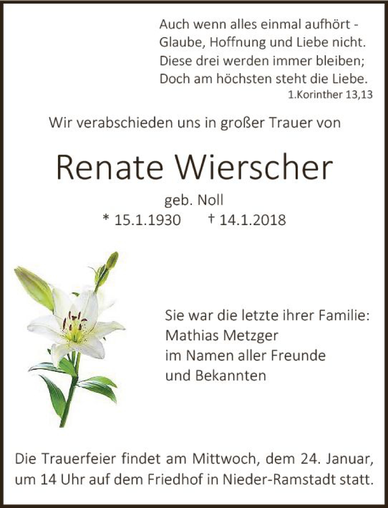  Traueranzeige für Renate Wierscher vom 20.01.2018 aus Trauerportal Rhein Main Presse
