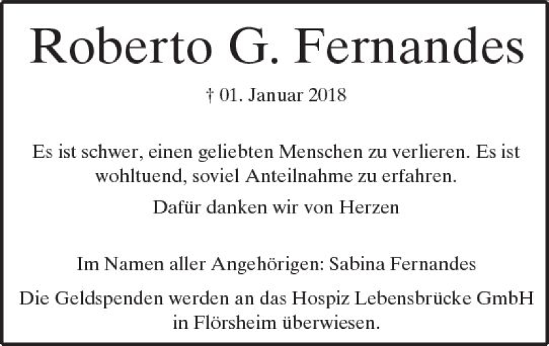  Traueranzeige für Roberto G. Fernandes vom 11.01.2018 aus Trauerportal Rhein Main Presse